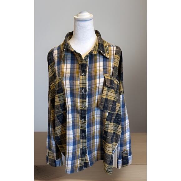 POL Oversized Plaid Patchwork Shirt Stud Detail Tab Sleeve Button Down M - Picture 2 of 10